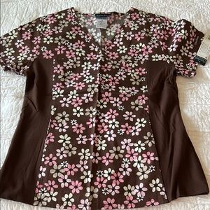 NWT. Women’s Size S. Cherokee Brown and Pink Fitted scrub top.